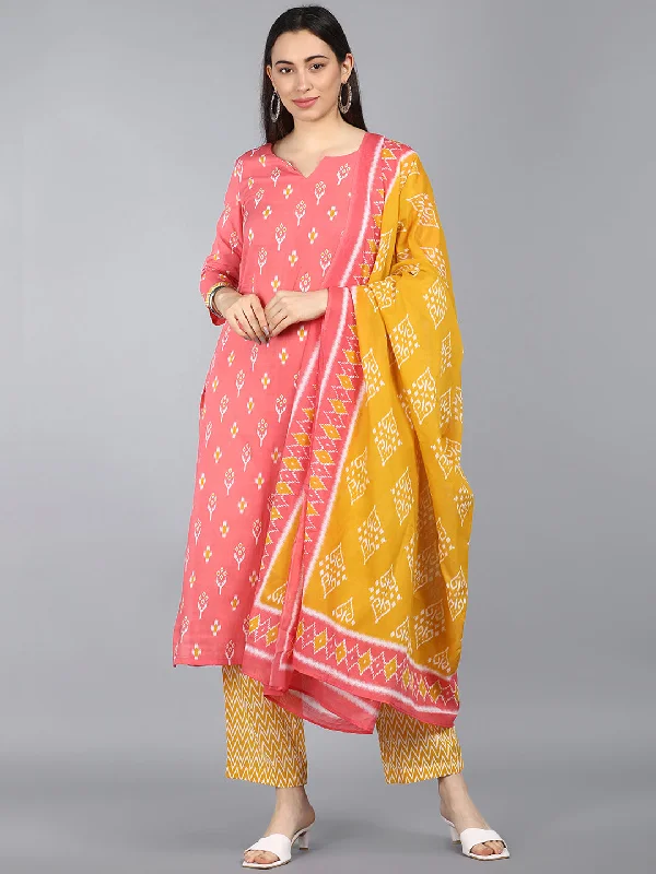 Women's Pure Cotton Printed Kurta Pant Dupatta Set - Ahika Trendy Work Pants