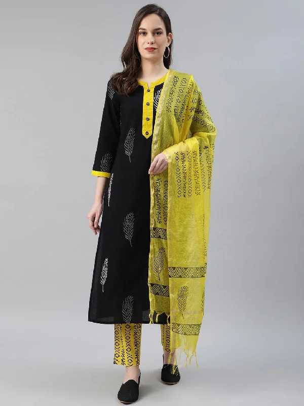 Women's Cotton Printed Kurta Pant Dupatta Set - Ahika Trendy Wide-Leg Pants