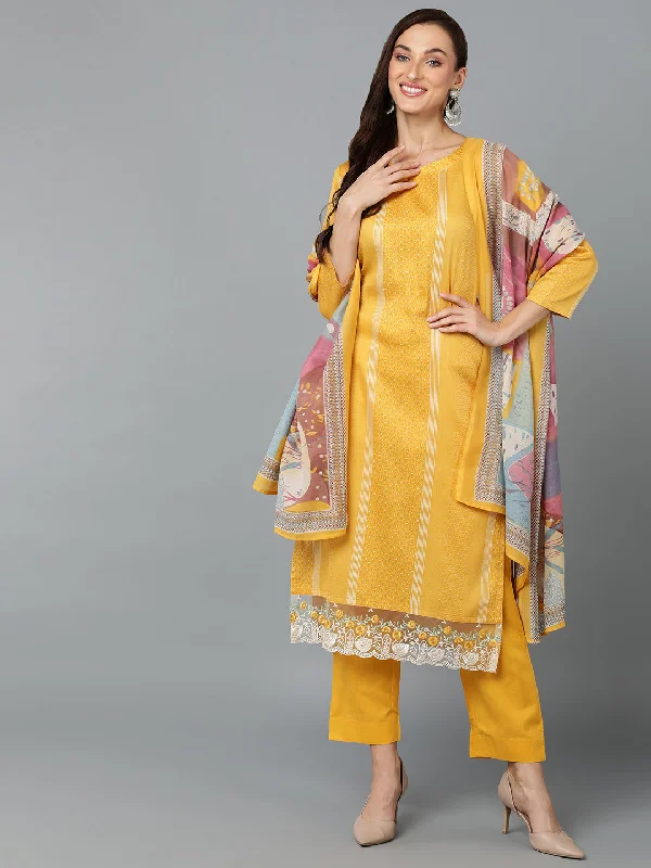 Women's Silk Blend Chrome Yellow Straight Kurta Pant With Dupatta - Ahika Trendy Tapered Pants