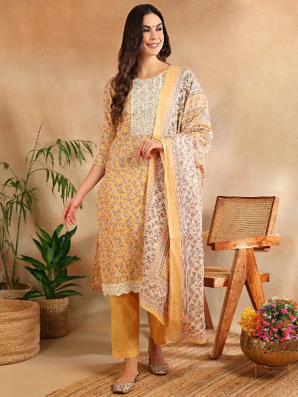 Women's Cotton Blend Peach Printed Straight Kurta Pant With Dupatta - Ahika Casual Yoga Pants