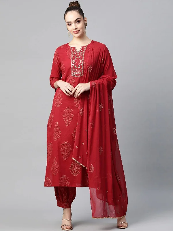 Women's Cotton Red Embroidered Work Straight Kurta Pant Dupatta Set - Ahika Elegant Silk Pants