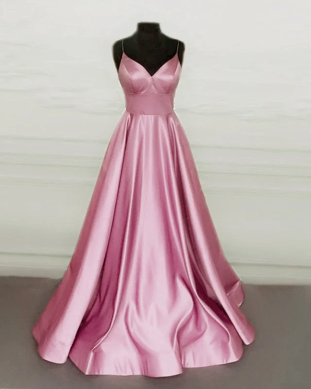 Prom Ball Gown V Neck Satin Spaghetti Straps Dresses Turtleneck Neckline Stylish