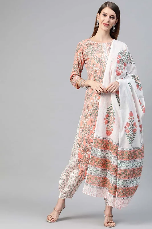 Women's Cotton Printed Kurta Pant Dupatta Set - Ahika Casual Yoga Pants