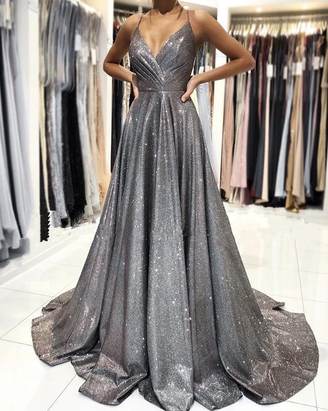 Glitter Prom Long Dresses Pleated V Neck Bodycon Club Sequined