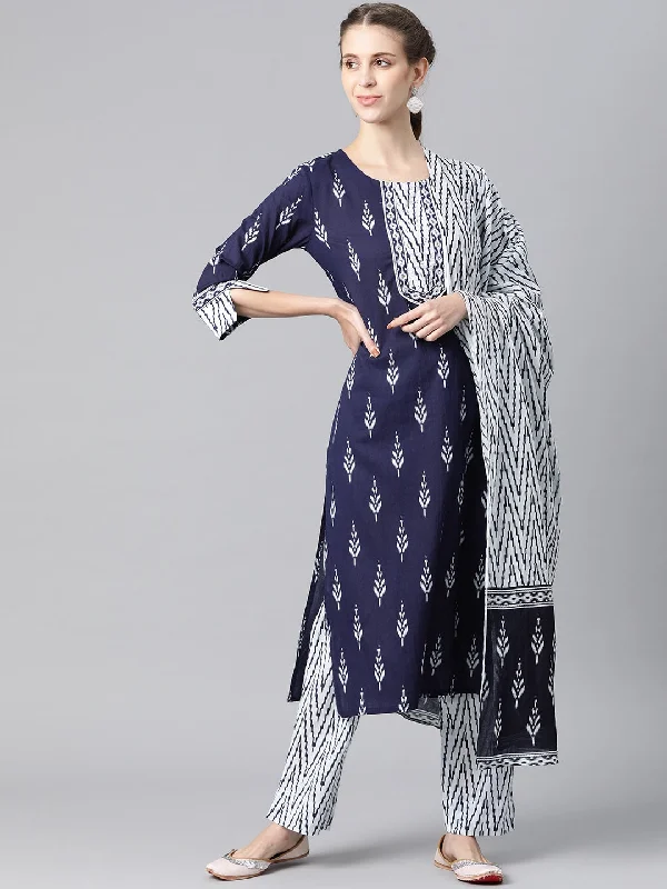 Women's Cotton Printed Kurta Pant Dupatta Set - Ahika High-Waist Trousers