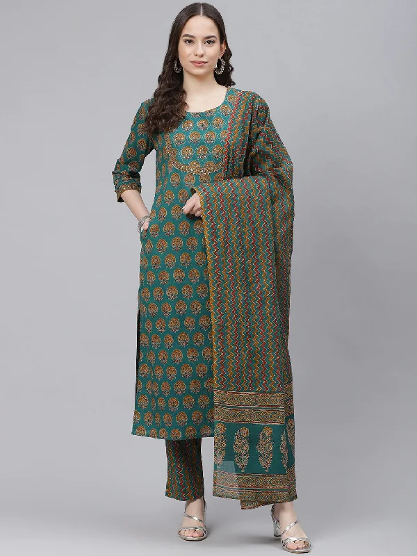 Women's Cotton Printed Kurta Pant Dupatta Set - Ahika Stylish Casual Pants