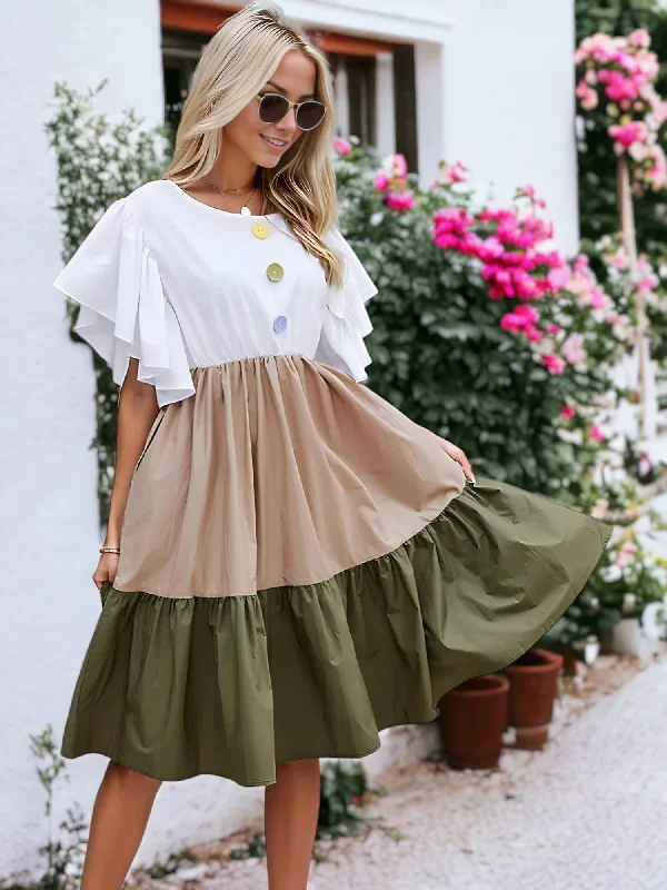 Multicolor Button Ruffle Sleeve Dress Tunics Mesh breathable