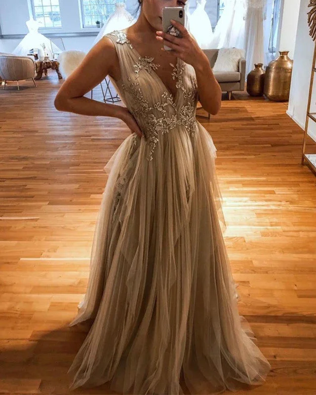 Ruffles Prom Dresses Lace Appliques Tulle Floor Length Tunics Long Elegant