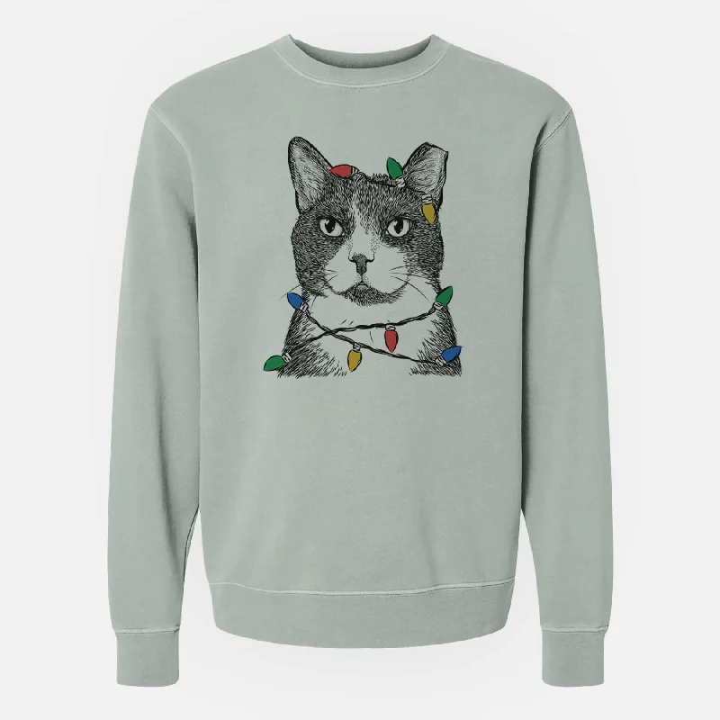 Christmas Lights Pinky the Tuxedo Cat - Unisex Pigment Dyed Crew Sweatshirt Hoodie with Mock Neck Collared Structured