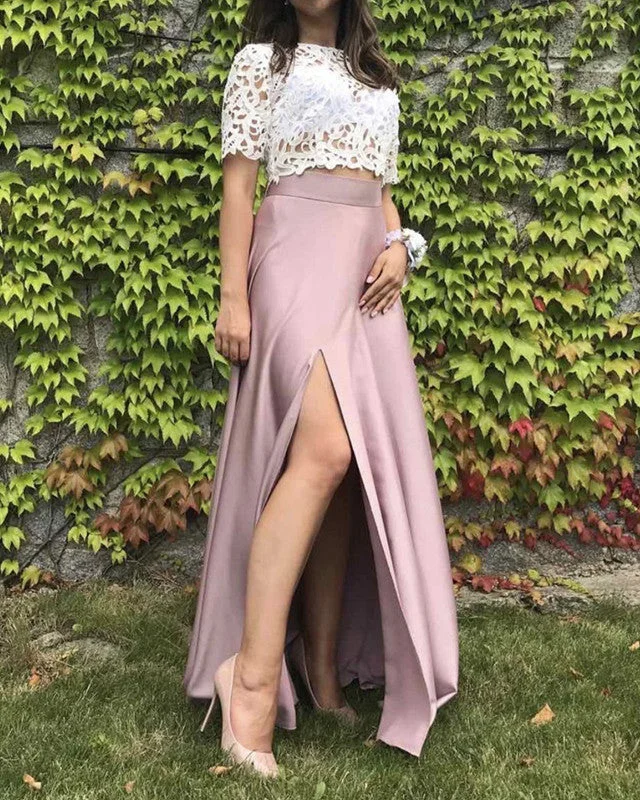Two Piece Prom Dresses Lace Crop Satin Slit Tunics Silk luxurious