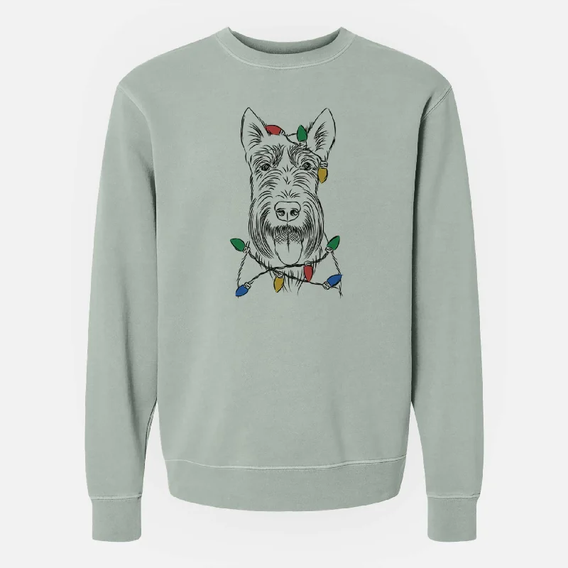 Christmas Lights Oswald the Scottish Terrier - Unisex Pigment Dyed Crew Sweatshirt Hoodie with Hem Lace Feminine Delicate