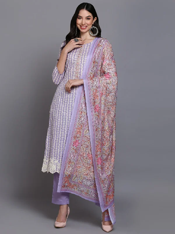 Women's Cotton Lavender Printed Straight Kurta Pant With Dupatta - Ahika Chic Slim Fit Pants
