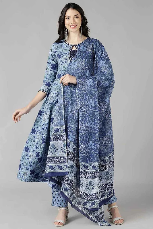 Women's Cotton Printed Kurta Pant Dupatta Set - Ahika Casual Wide Pants