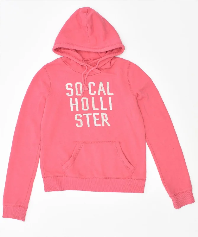 HOLLISTER Womens Graphic Hoodie Jumper UK 6 XS Pink Cotton Hoodie with Cropped Fit Short Trendy