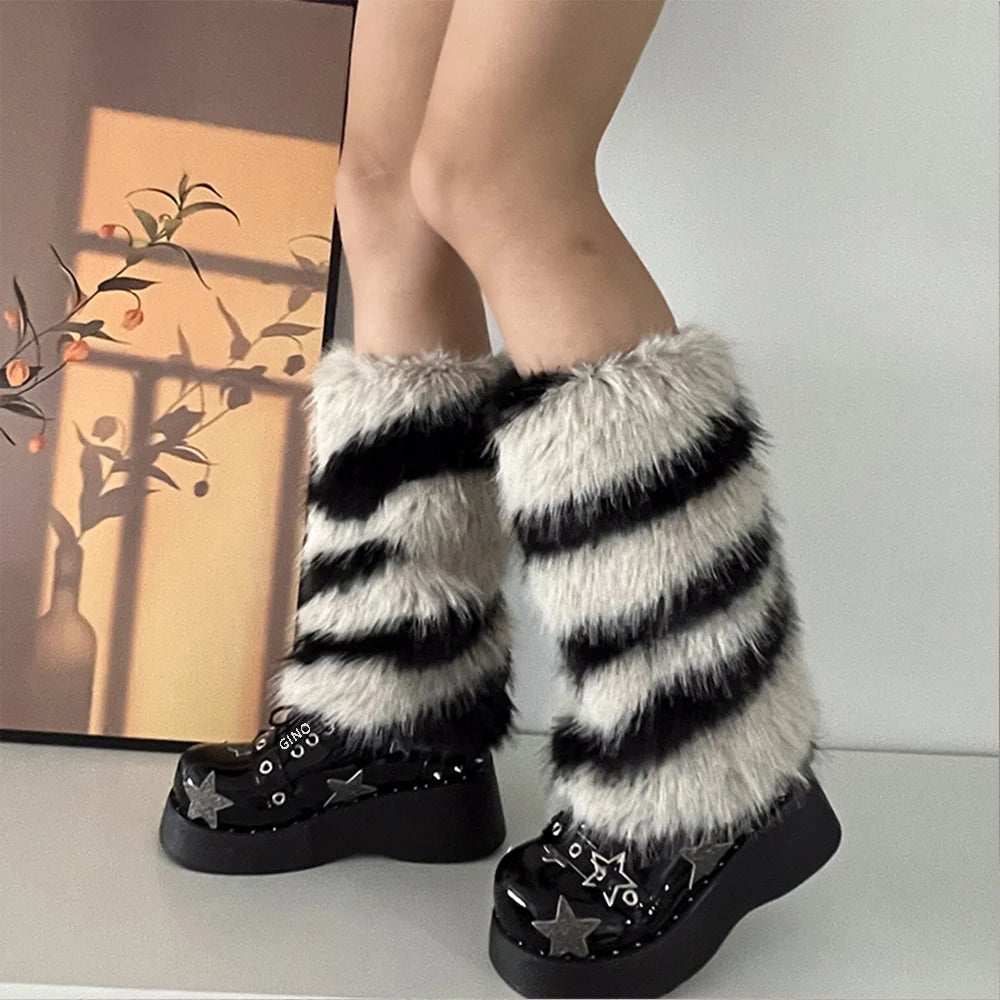 Sohiwoo PUNK Zebra Pattern Faux Fur Leg Warmers Cosplay Women Gothic Leggings Boots Cover Harajuku Night Club Sexy Party Accessories Stylish Stretch-Waist Leggings