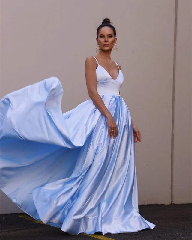 Light Blue Satin Prom Dresses V-neck Spaghetti Straps Tunics New arrival