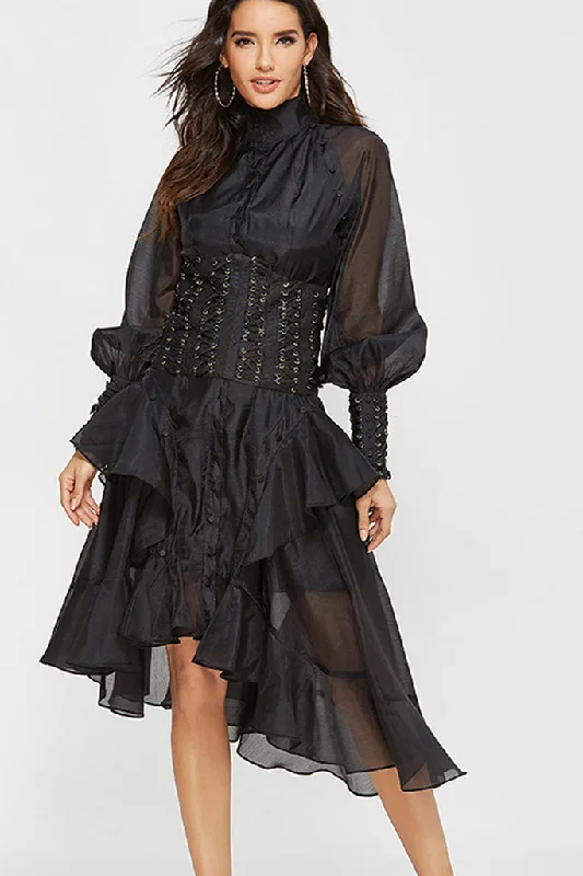 Puff Sleeve Waist Bandage Ruffle Asymmetrical Dress Tunics Lace romantic