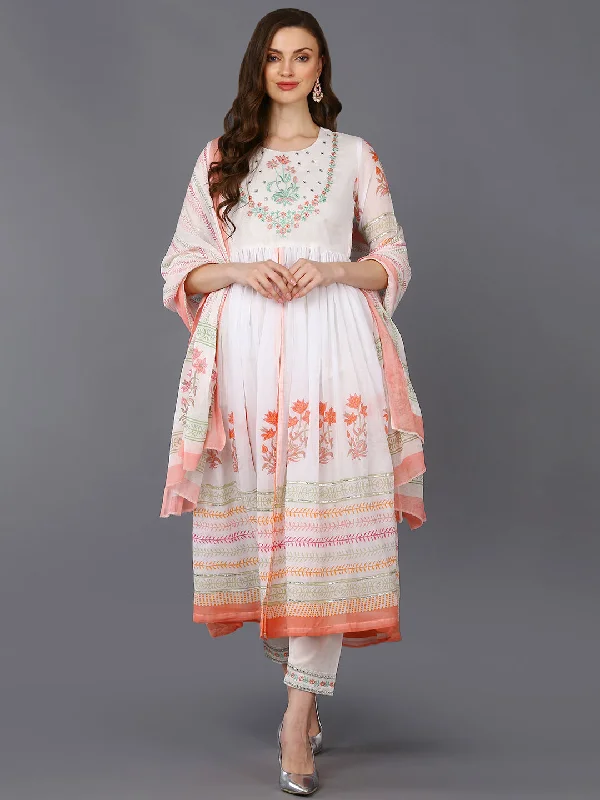 Women's Cotton Blend White Embroidered Flared Kurta Pant With Dupatta - Ahika Elegant Palazzo Trousers