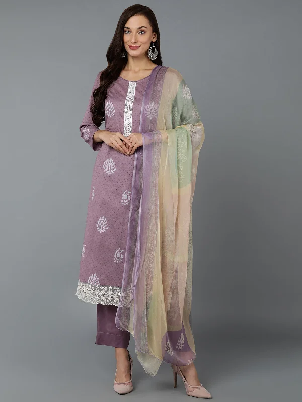 Women's Silk Blend Lilac Straight Kurta Pant With Dupatta - Ahika Soft Stretch Leggings