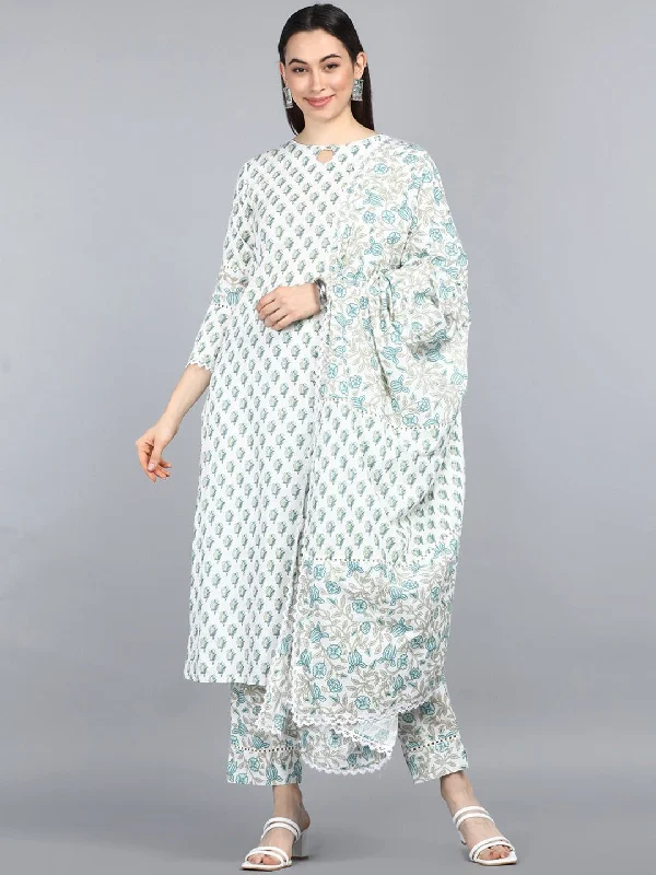 Women's Off White Floral Printed Pure Cotton Kurta With Pants Dupatta - Ahika Stylish Paperbag Waist Pants