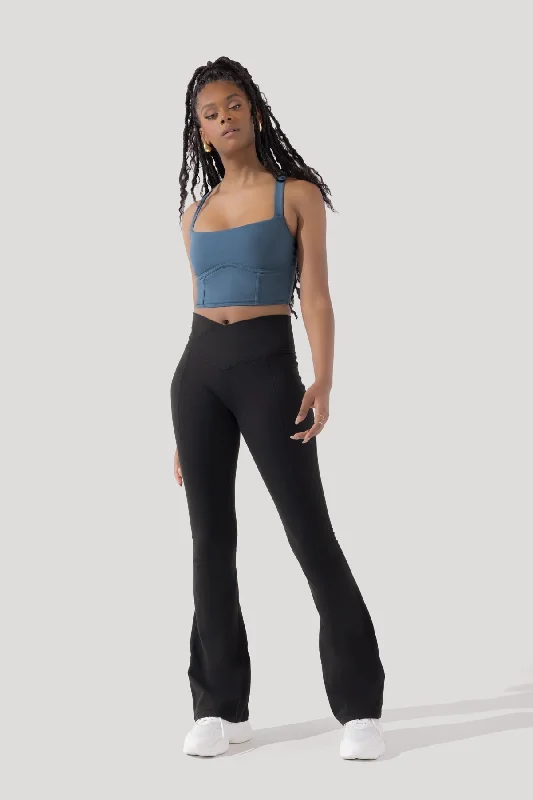POPFLEX® Crisscross Hourglass® Flared Leggings with Pockets - Black Fashionable Embroidered Detail Leggings