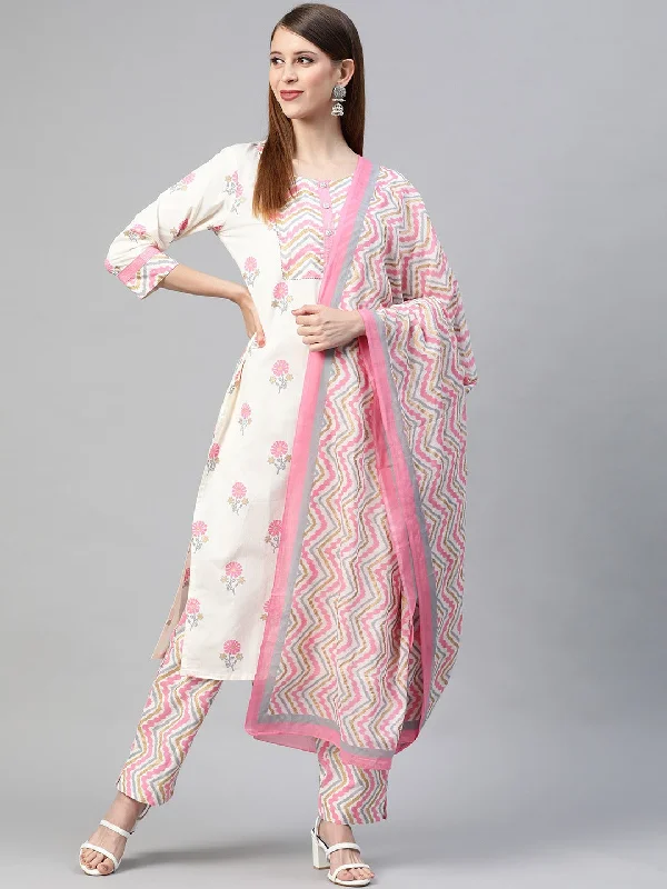 Women's Cotton Printed Kurta Pant Dupatta Set - Ahika Cozy Fitted Pants