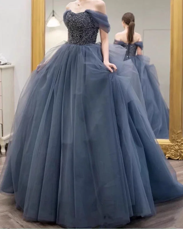 Dusty Blue Tulle Prom Dresses Off Shoulder Tunics Versatile functional