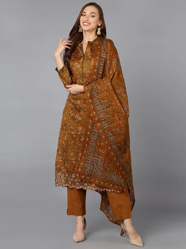 Women's Mustard Cotton Straight Kurta Pant With Dupatta - Ahika Formal Stretch Pants