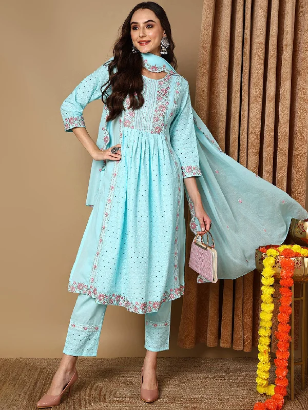 Women's Blue Pure Cotton Solid Embroidered Kurta Pant With Dupatta  - Ahika Chic Checkered Pants