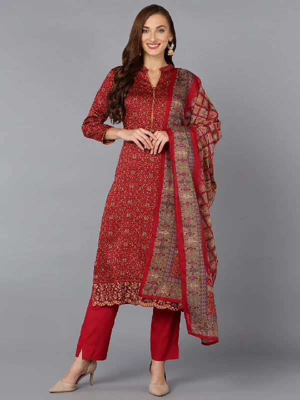 Women's Red Cotton Straight Kurta Pant With Dupatta - Ahika Fashionable Tapered Leg Pants