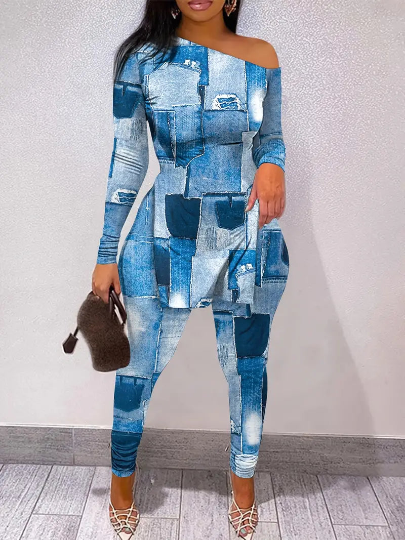Sexy Denim Look Off The Shoulder 2pc Tunic Top & Pant Set Trendy Velvet Pants