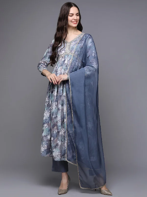 Women's Viscose Rayon Blue Floral Printed Alia Cut Kurta Pant With Dupatta - Ahika Comfy High-Waist Jeans