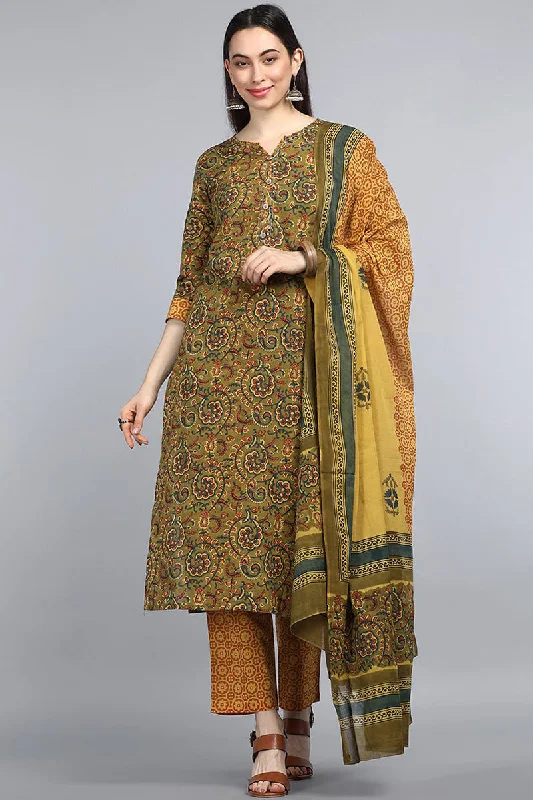 Women's Green Yellow Floral Printed Pure Cotton Kurta With Pants Dupatta - Ahika Stylish Harem Pants