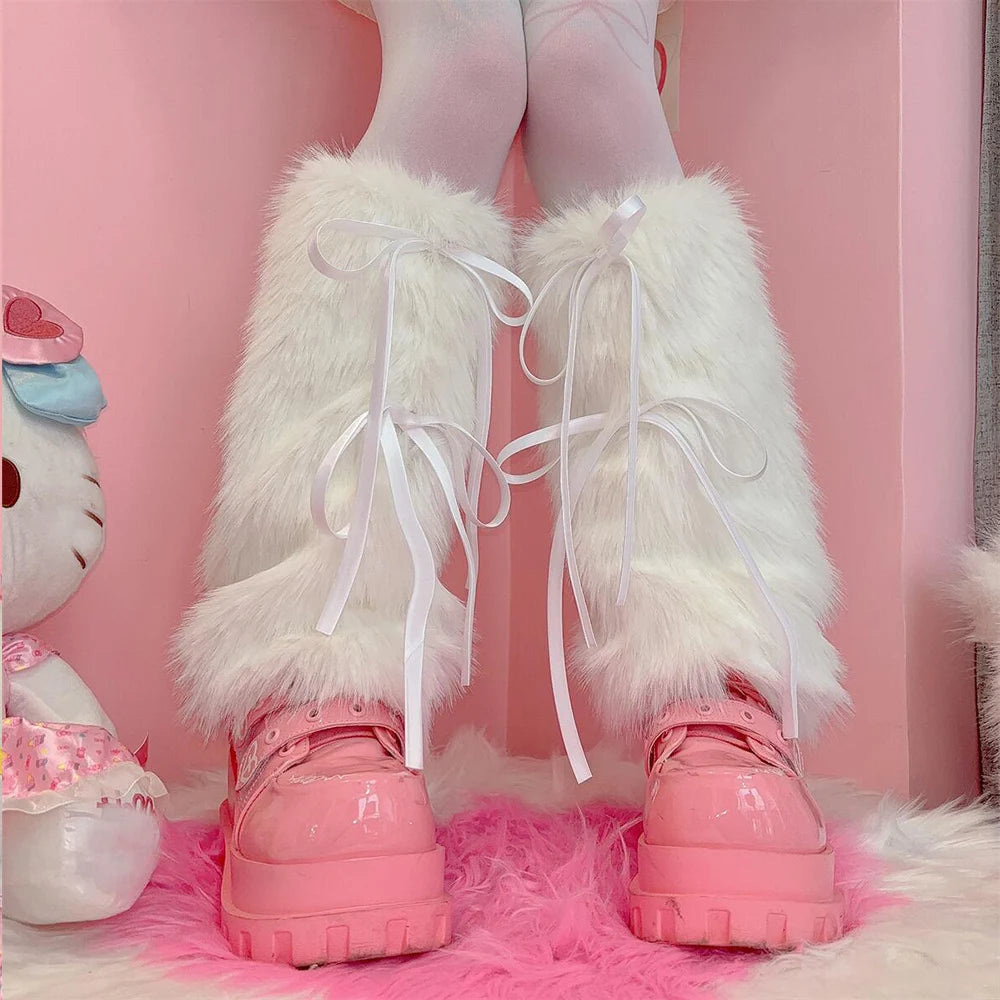 Sohiwoo Punk Ribbon Bow Faux Fur Leg Warmers Thickened Imitation Women Leggings Boots Cover Lolita Kawaii Harajuku Party Accessories Elegant Satin Finish Leggings