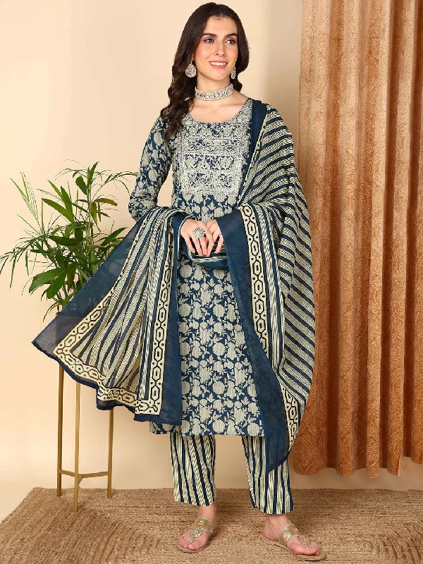 Women's Navy Blue Pure Cotton Floral Printed Embroidered Kurta Pant With Dupatta  - Ahika Chic Wool Trousers