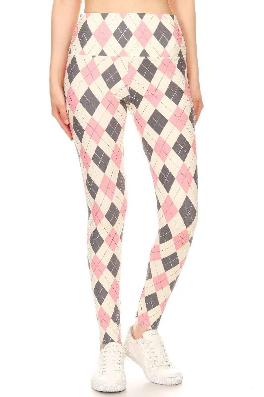 5-inch Long Yoga Style Banded Lined Argyle Printed Knit Legging With High Waist Cozy Oversized Leggings