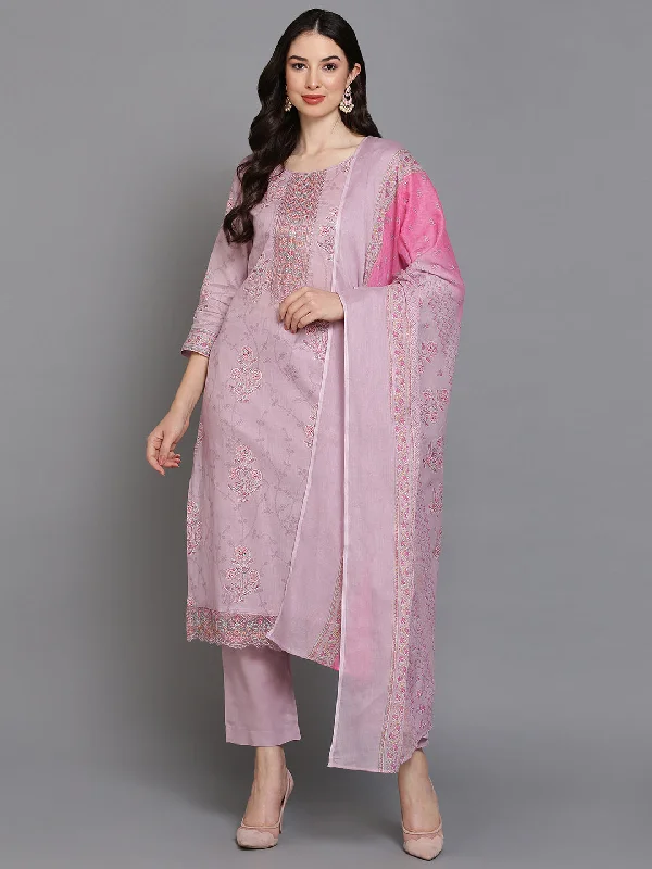 Women's Cotton Blend Lavender Printed Straight Kurta Pant With Dupatta - Ahika Lightweight Linen Pants