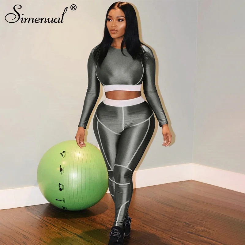 Simenual Fitness Sporty Active Wear Tracksuits Women Casual Fashion Workout 2 Piece Sets Long Sleeve Top And Leggings Set Solid Cozy Full-Length Workout Leggings