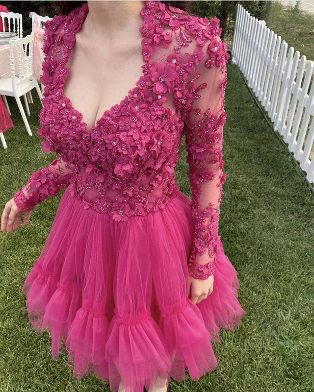 Long Sleeves Homecoming Dresses 3D Lace Flowers Tulle Ruffles Maxi Flowy Bohemian