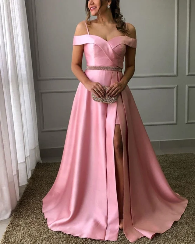 Cold Shoulder Prom Dresses Satin Split Beaded Sashes Tunics Short Trendy