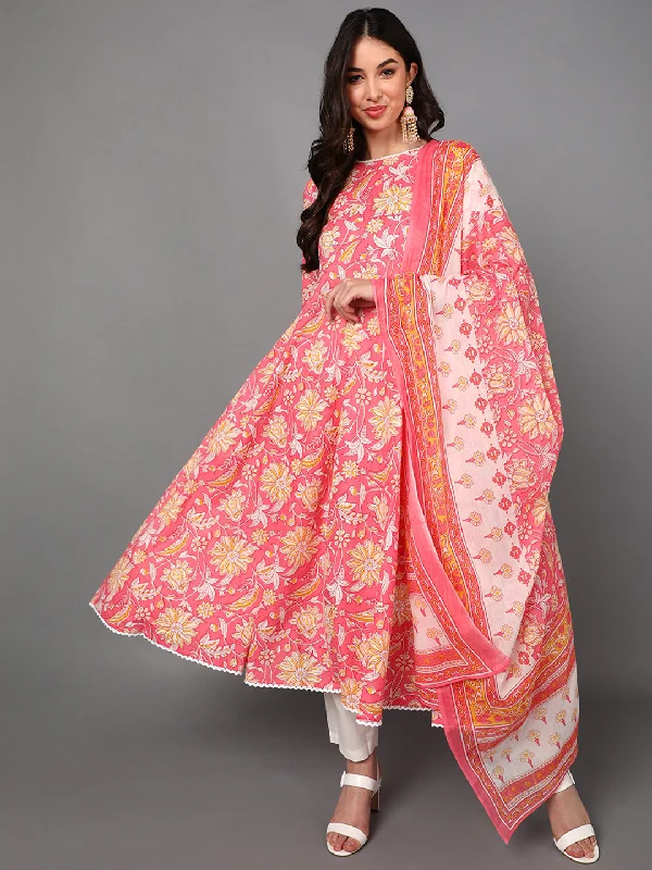 Women's Cotton Floral Printed Kurta Pants Dupatta Set - Ahika Classic Flared Pants