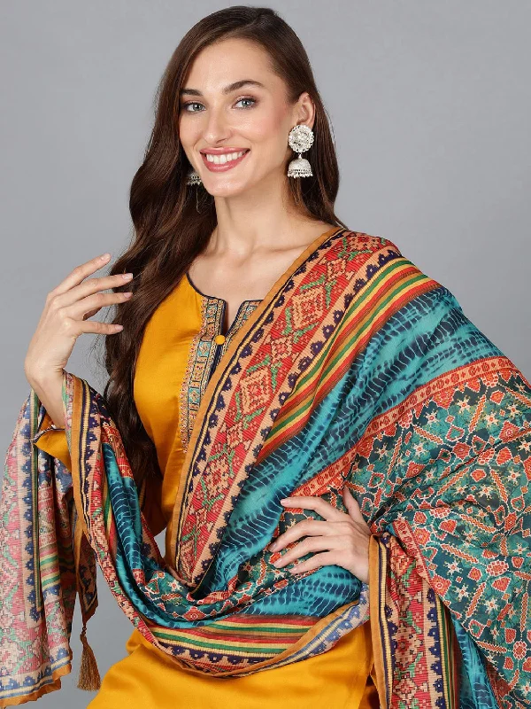 Women's Chrome Yellow Cotton Blend Straight Kurta Pant With Dupatta - Ahika Elegant Dress Pants