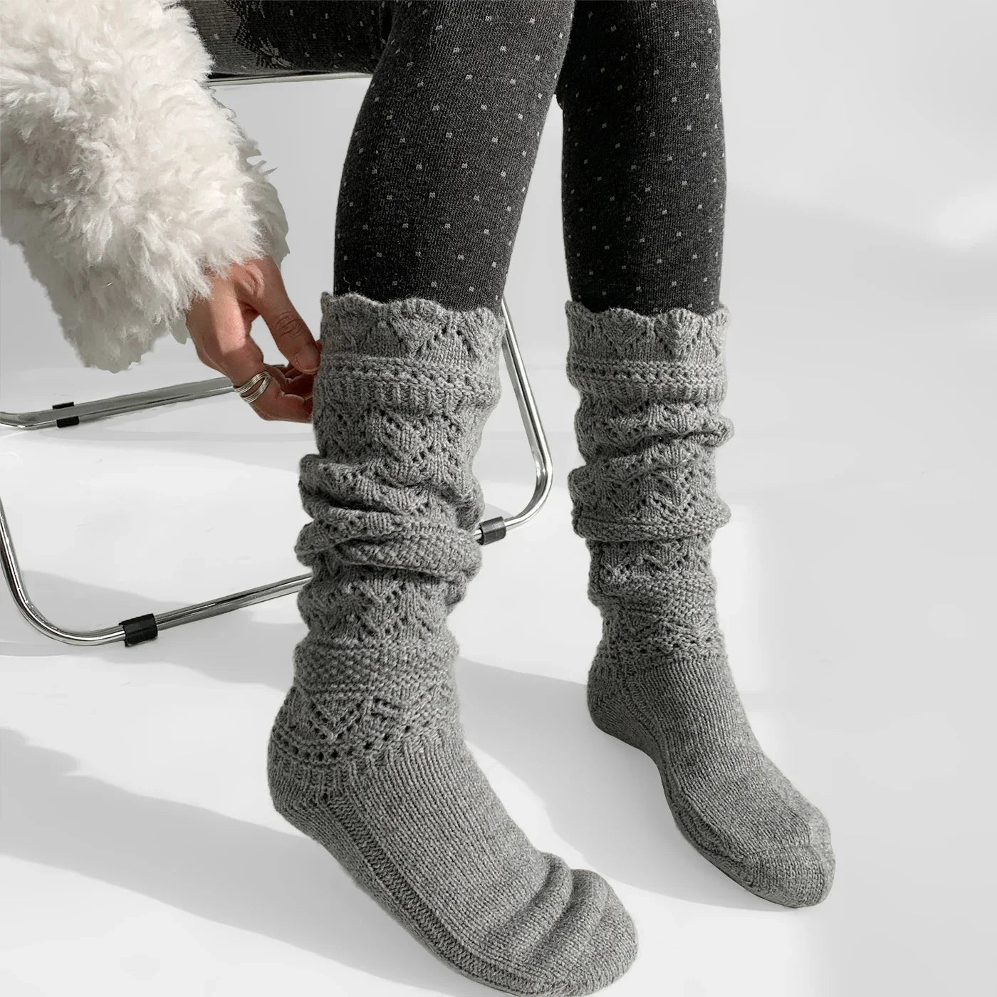 Sohiwoo Women Wool Knit Mid-Calf Socks Winter Warm Snowflake Cotton Bottom Leggings Leg Warmers Y2k Japanese Pantyhose JK Boots Cover Trendy Sports Performance Leggings