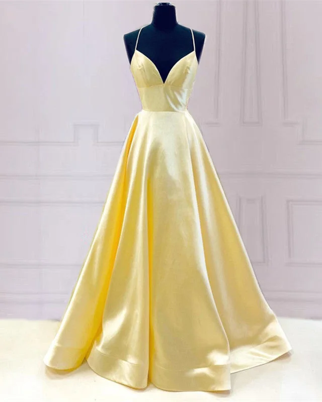 Yellow V Neck Open Back Satin Prom Dresses Elegant Long Evening