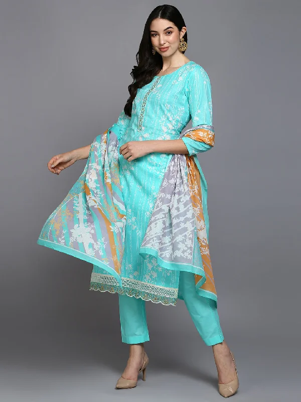 Women's Cotton Blend Turquoise Blue Printed Straight Kurta Pant With Dupatta - Ahika Slim-Fit Leggings