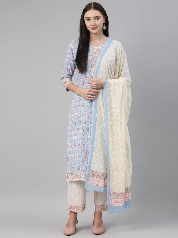Women's Cotton Printed Kurta Pant Dupatta Set - Ahika Lightweight Jogger Pants