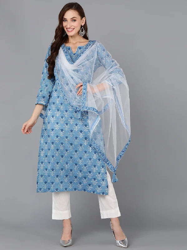 Women's Cotton Blend Floral Printed Kurta Pants With Dupatta - Ahika Slim-Fit Leggings