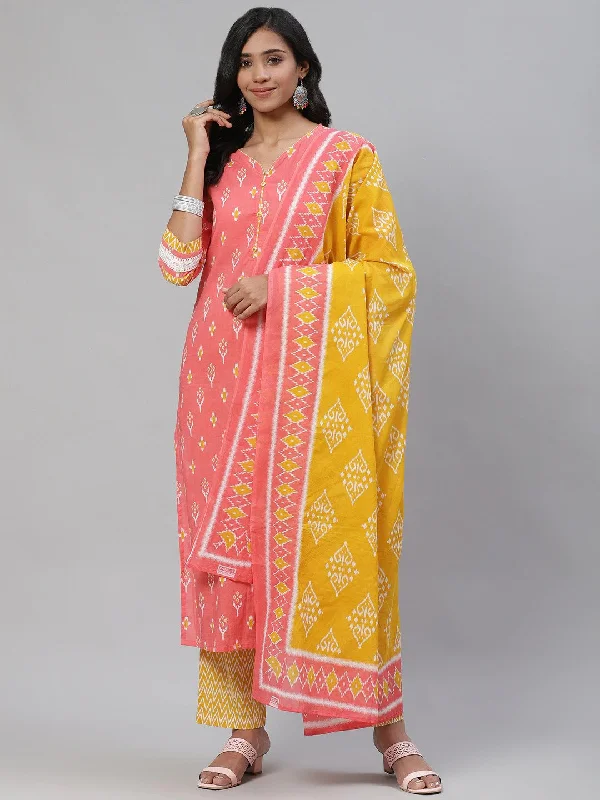 Women's Cotton Printed Kurta Pant Dupatta Set - Ahika Elegant Palazzo Trousers