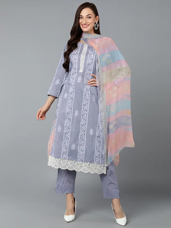Women's Silk Blend Periwinkle Straight Kurta Pant With Dupatta - Ahika Classic Pleated Pants