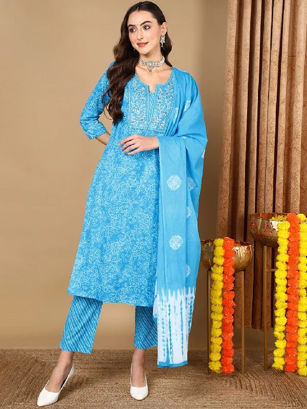 Women's Blue Pure Cotton Bandhani Printed Embroidered Kurta Pant With Dupatta  - Ahika Slim-Fit Khaki Pants